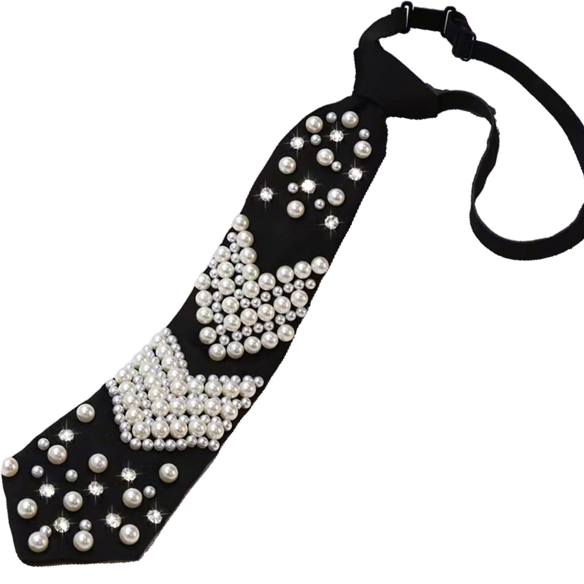 Women Faux Pearl Bow Tie, Black Silk Necktie, Adjustable Pre-tied Neck Tie with Rhinestones, Formal Wear for Women