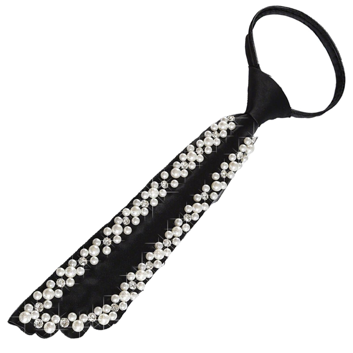 Women Faux Pearl Bow Tie, Black Silk Necktie, Adjustable Pre-tied Neck Tie with Rhinestones, Formal Wear for Women