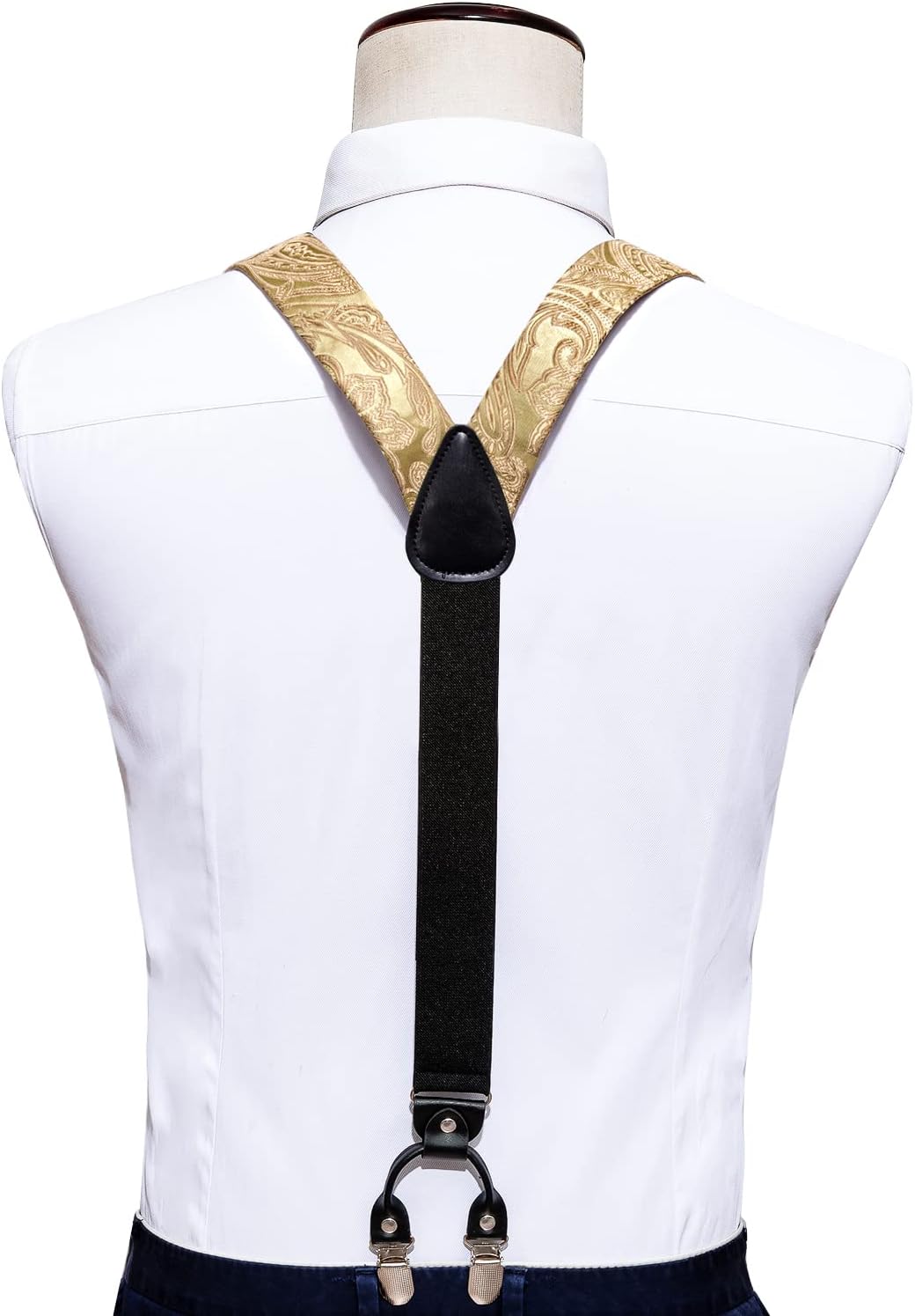 Barry.Wang Men Suspender Tie Sets Elastic Heavy 6 Clips Hanky Cufflink 5PCS