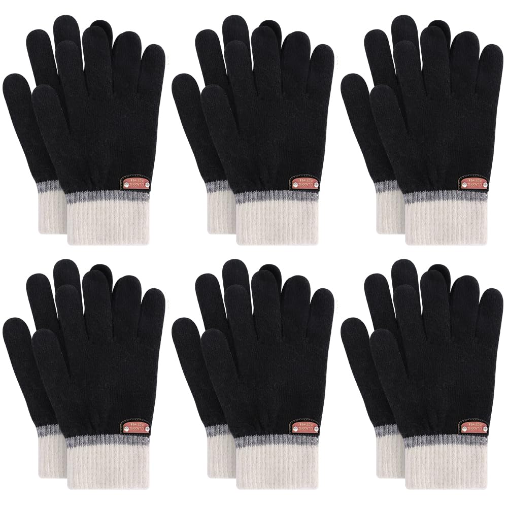 6 Pairs of Kids Gloves Boys Winter Gloves Stretchy Full Fingers Knitted Gloves Wool Fleece Lined Mittens