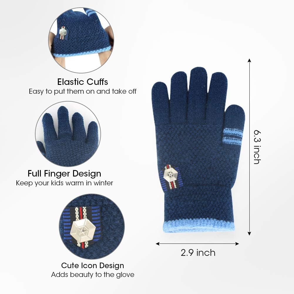 Kids Winter Gloves for Boys Girls, 3 Pairs Children Warm Wool Lined Gloves Toddler Thermal Knitted Mittens