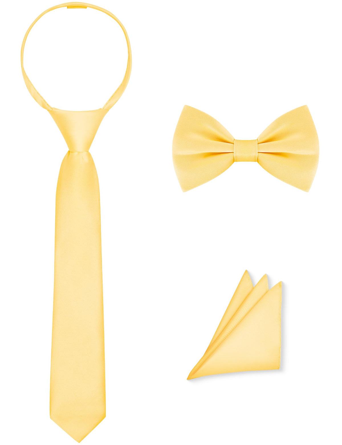 Pre-Tied Boys Set: Necktie, Bow Tie, Pocket Square | Adjustable Zipper Tie | Stain Formal Wear for Wedding Party