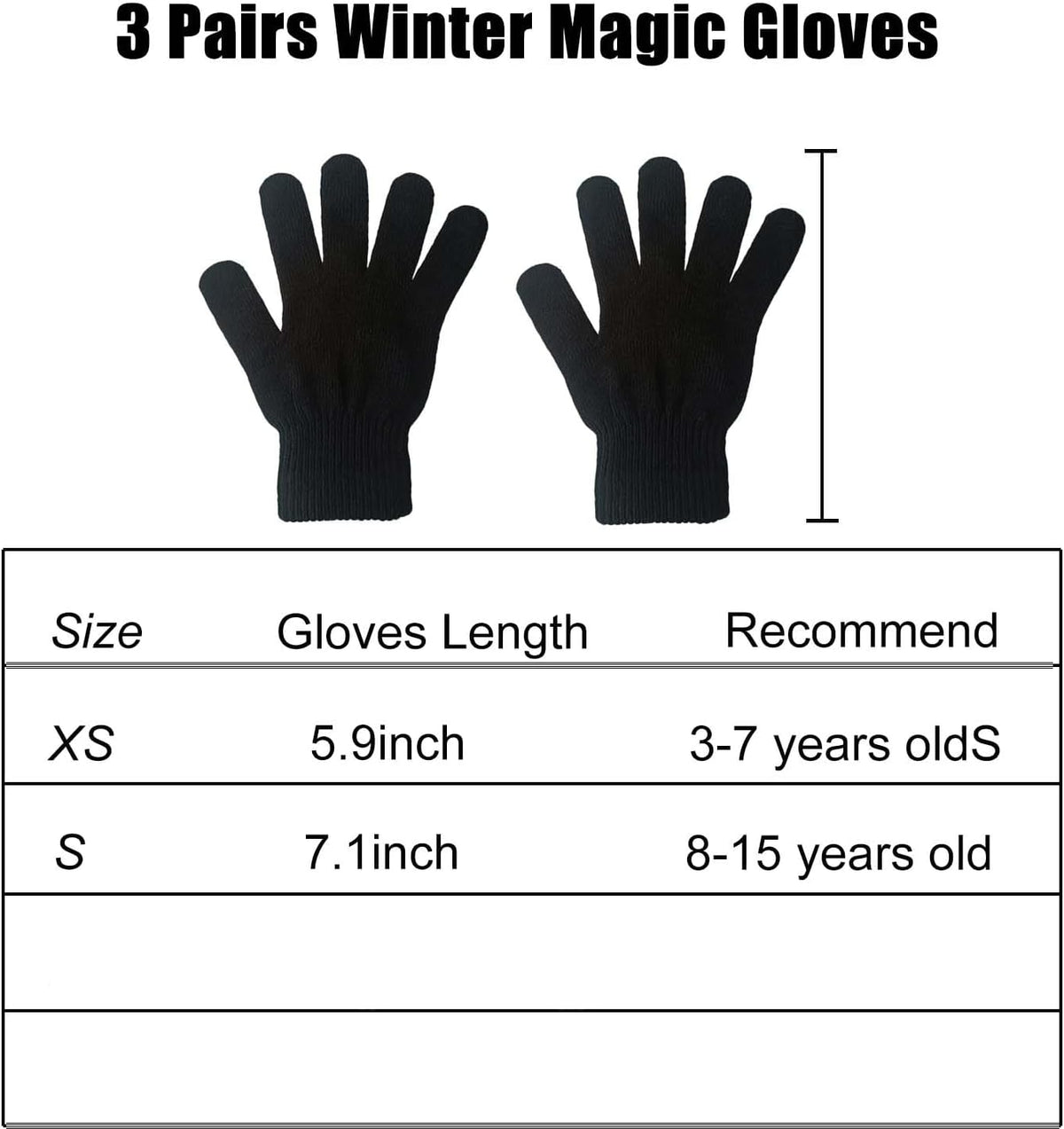3 Pairs Magic Gloves Kids 3-12 Boys Girls Black Knit Gloves Warm Winter