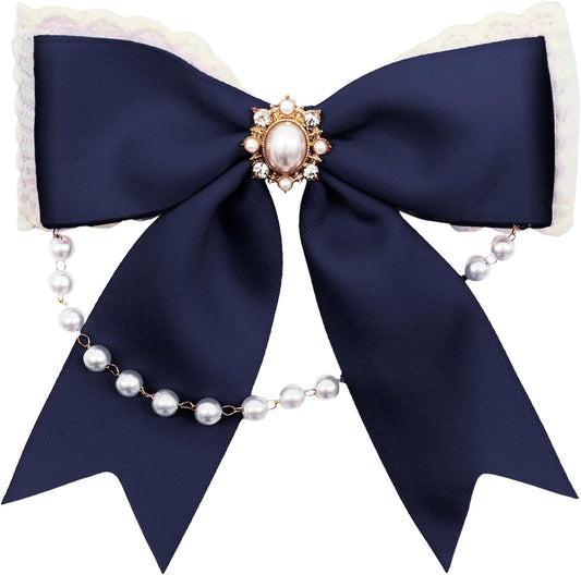 LJBFNN Black Bow Tie for Girls Women, School Girl Ties with Pearls Adjustable Pre-tied Kids Bowtie for Uniform Blouse Costume