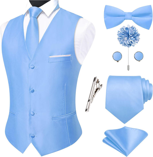 Hi-Tie Solid Men Vest Suit Vest for Men Vests Bowtie Necktie Handkerchief Cufflinks Lapel Pin Tie Clip Wedding