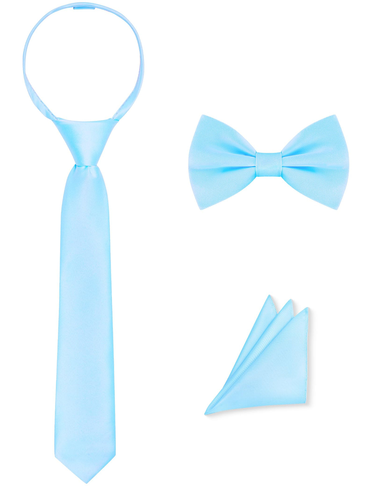 Pre-Tied Boys Set: Necktie, Bow Tie, Pocket Square | Adjustable Zipper Tie | Stain Formal Wear for Wedding Party