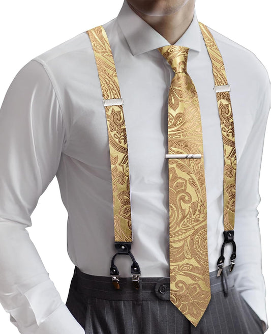 Barry.Wang Men Suspender Tie Sets Elastic Heavy 6 Clips Hanky Cufflink 5PCS