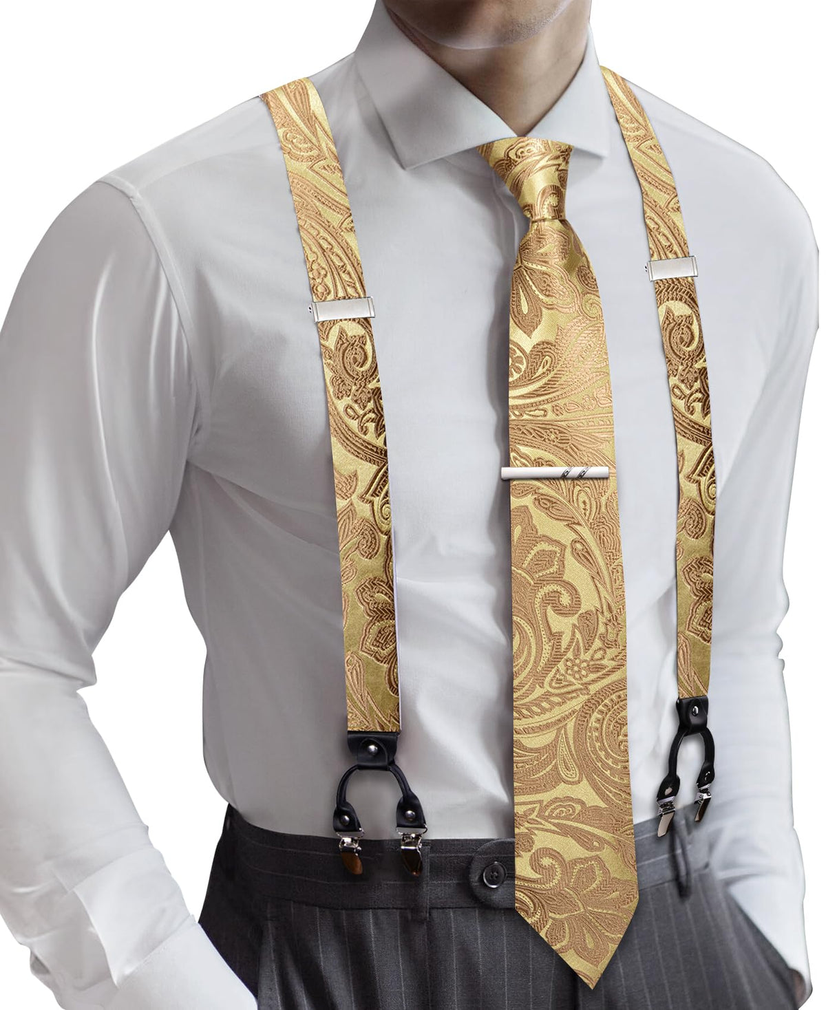Barry.Wang Men Suspender Tie Sets Elastic Heavy 6 Clips Hanky Cufflink 5PCS