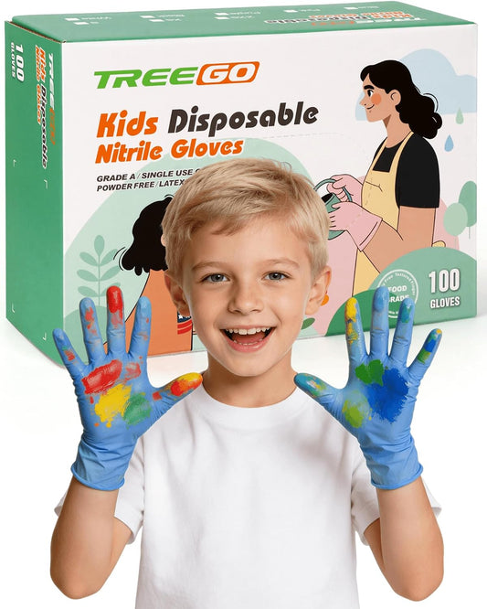 TREEGO Blue Kids Nitrile Gloves, Latex Free, XS, 100 Count