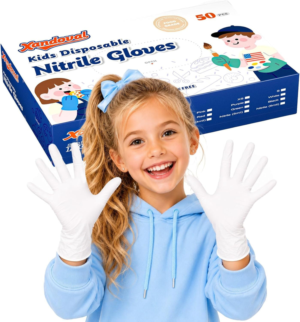 Kids Disposable Gloves, 5-Mil Safe White Nitrile, Small, 50Ct