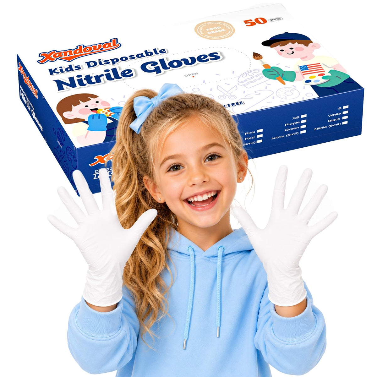 Kids Disposable Gloves, 5-Mil Safe White Nitrile, Small, 50Ct