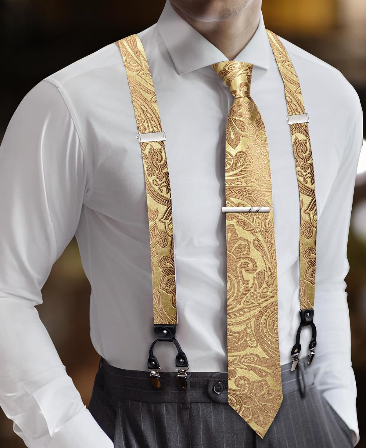 Barry.Wang Men Suspender Tie Sets Elastic Heavy 6 Clips Hanky Cufflink 5PCS