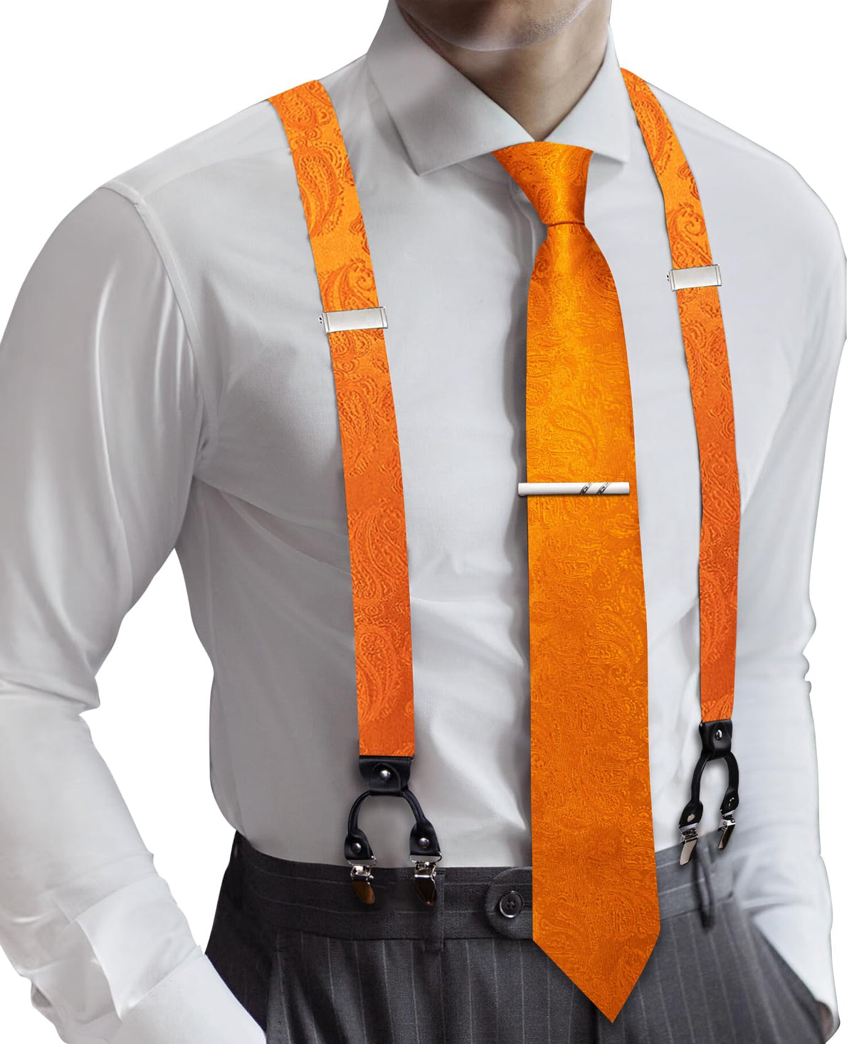 Barry.Wang Men Suspender Tie Sets Elastic Heavy 6 Clips Hanky Cufflink 5PCS