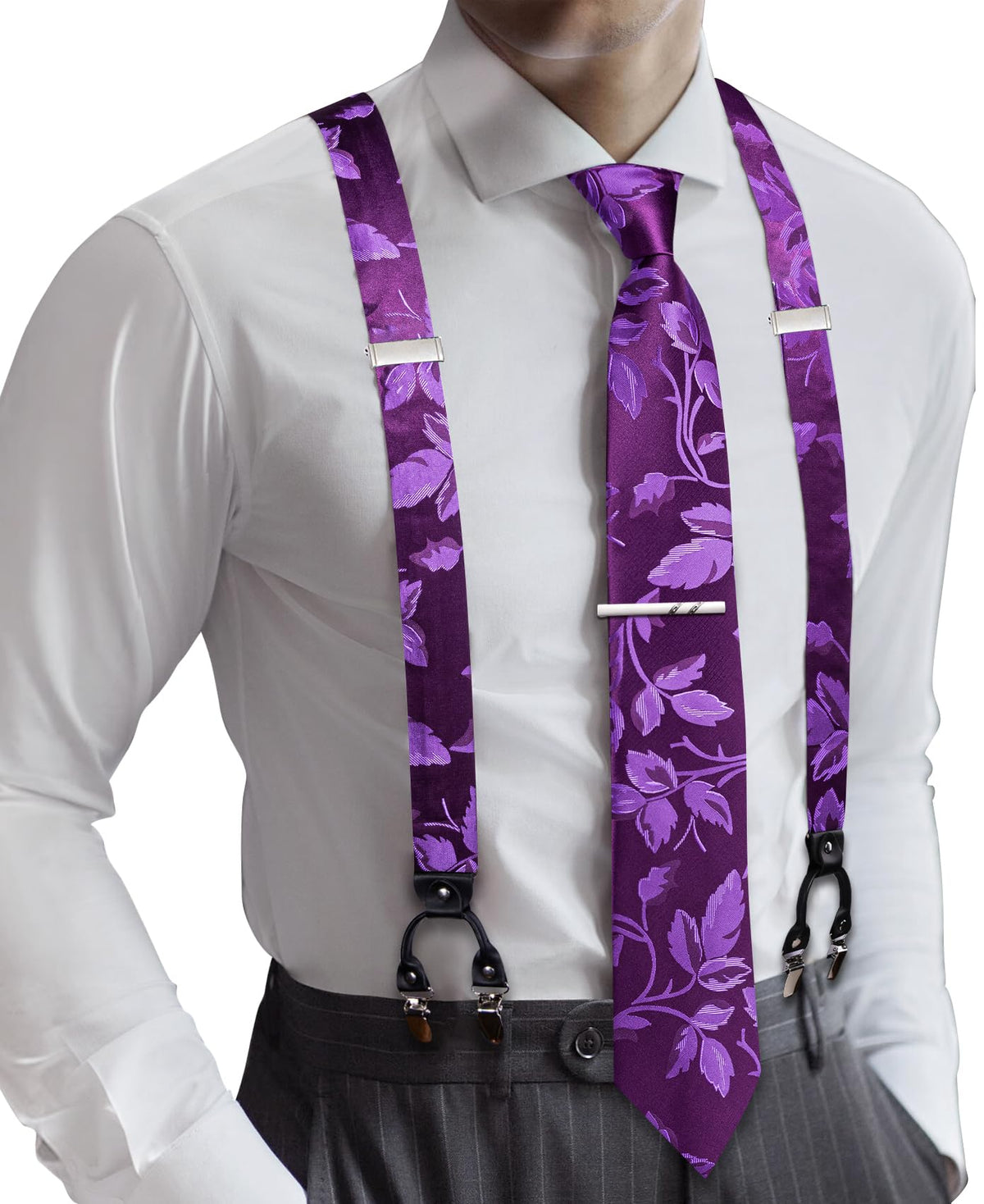 Barry.Wang Men Suspender Tie Sets Elastic Heavy 6 Clips Hanky Cufflink 5PCS