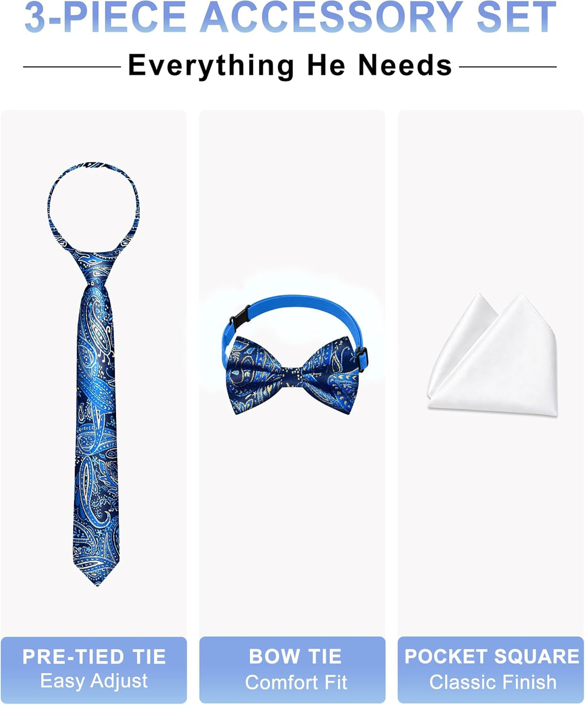 Boys Pre-Tied Zipper Necktie 3-Piece Set