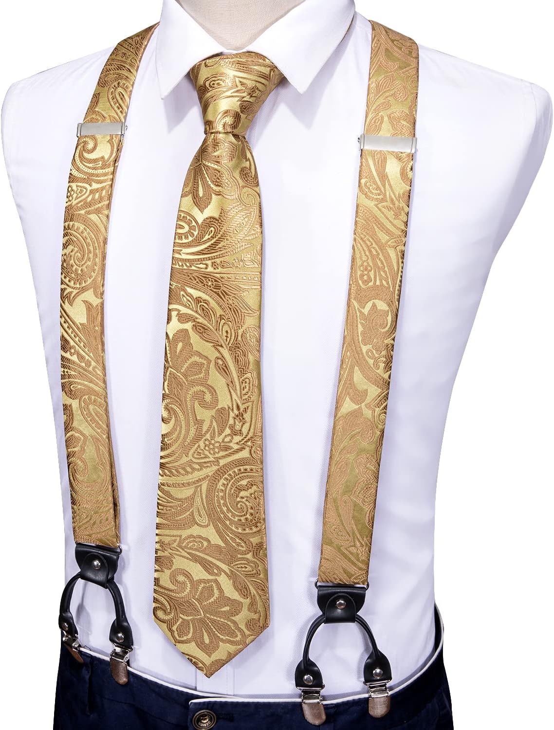 Barry.Wang Men Suspender Tie Sets Elastic Heavy 6 Clips Hanky Cufflink 5PCS