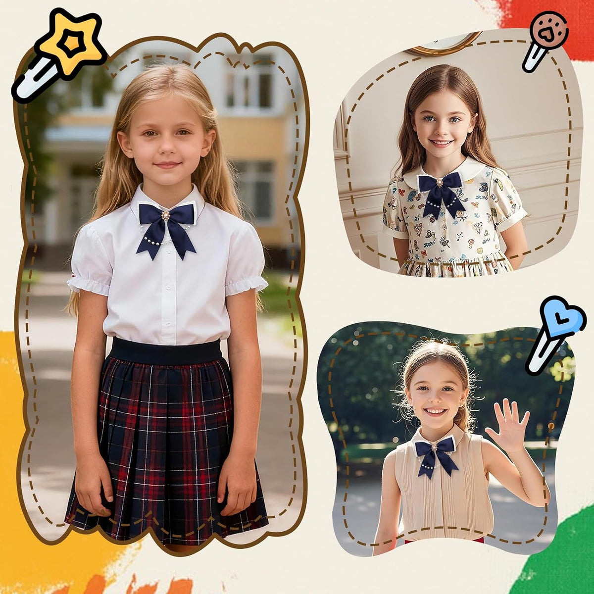 LJBFNN Black Bow Tie for Girls Women, School Girl Ties with Pearls Adjustable Pre-tied Kids Bowtie for Uniform Blouse Costume