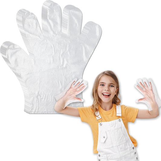 SADIKALO Kids Disposable Gloves - 100 Pcs Small Plastic PE Clear Durable Work for Cleaning Cooking Garden Craft, for 3-12 Years