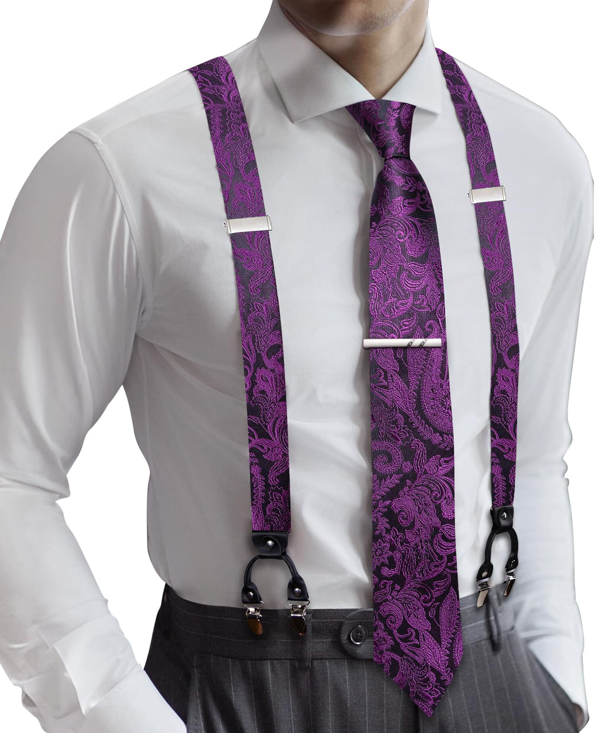 Barry.Wang Men Suspender Tie Sets Elastic Heavy 6 Clips Hanky Cufflink 5PCS