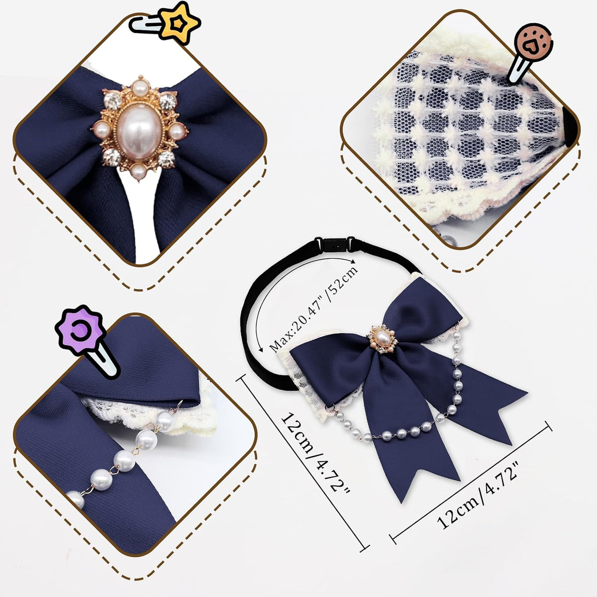 LJBFNN Black Bow Tie for Girls Women, School Girl Ties with Pearls Adjustable Pre-tied Kids Bowtie for Uniform Blouse Costume