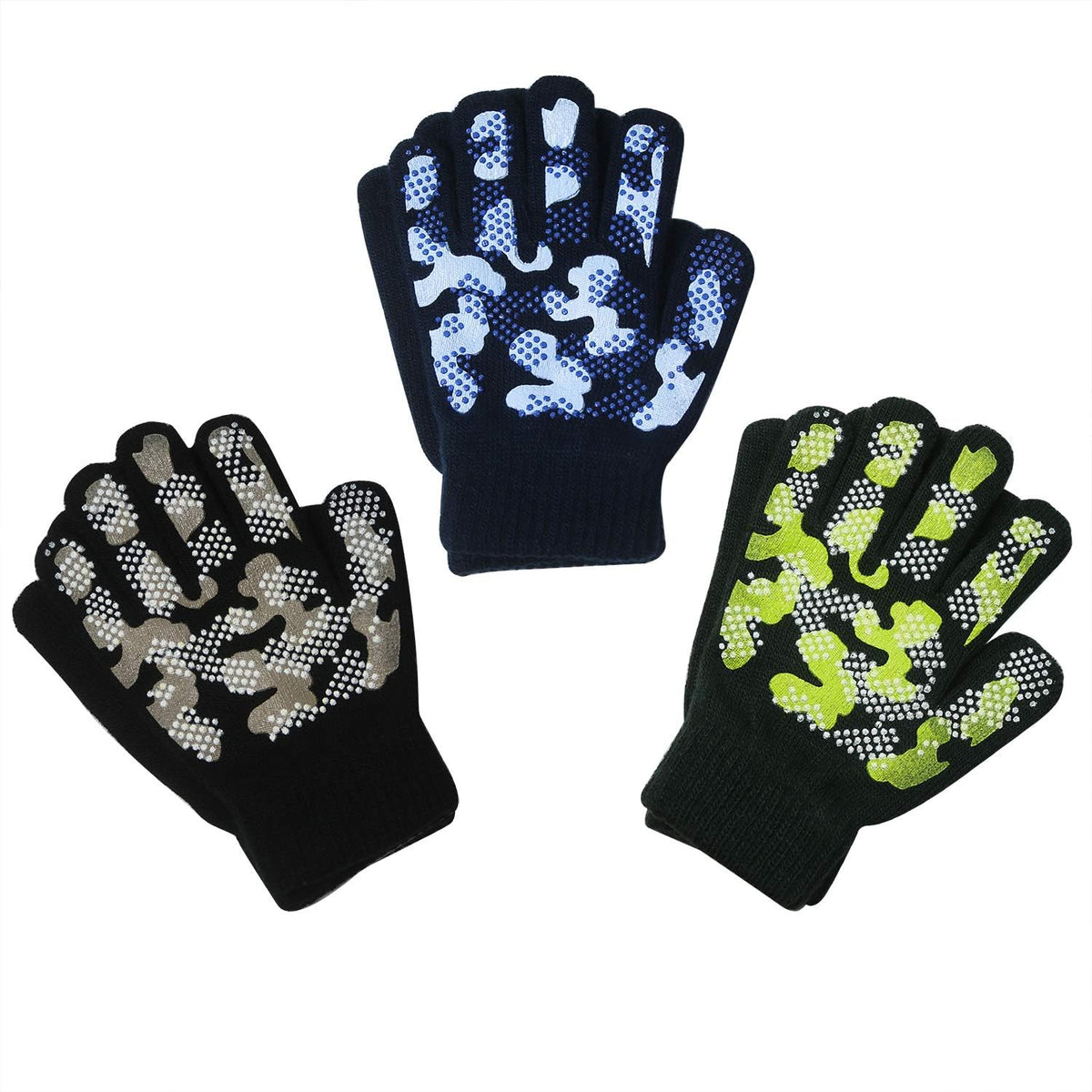 Evridwear Boys Girls Magic Stretch Gripper Gloves 3 Pair Pack Assortment, Kids One Size Winter Warm Gloves Children