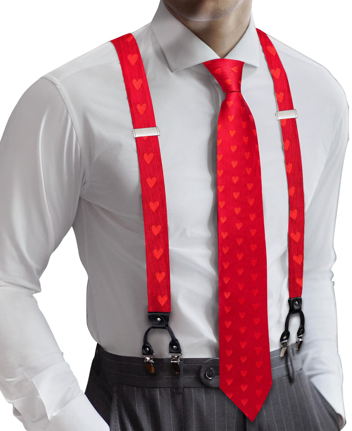 Barry.Wang Men Suspender Tie Sets Elastic Heavy 6 Clips Hanky Cufflink 5PCS