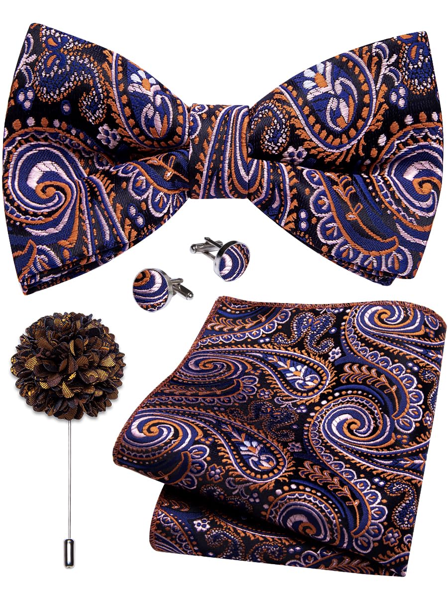 YourTies Silk Bow Ties for Men Pre-Tied Adjustable Paisley Bowtie Set