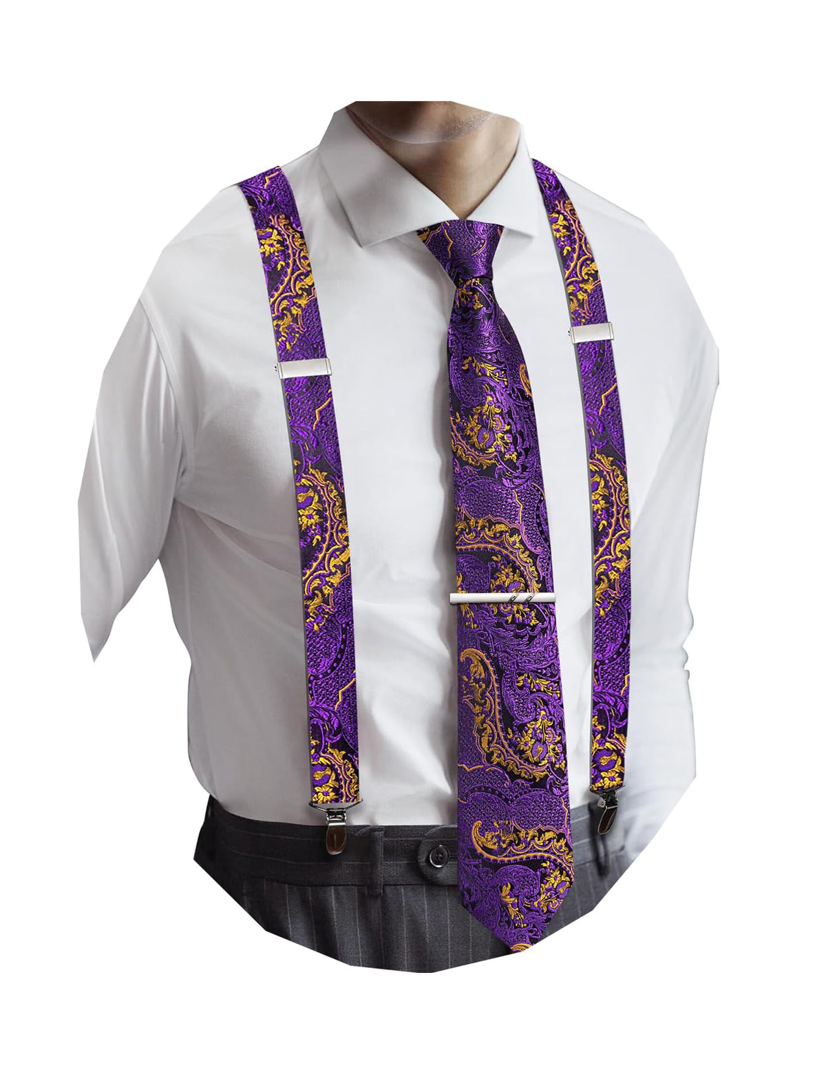 Barry.Wang Men Suspender Tie Sets Elastic Heavy 6 Clips Hanky Cufflink 5PCS