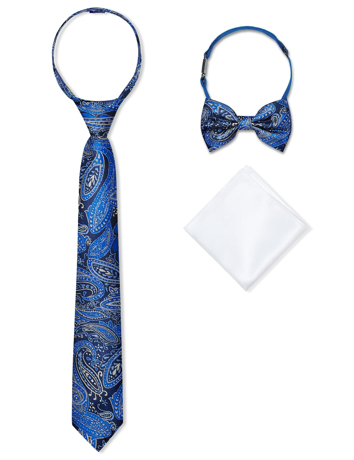 Boys Pre-tied Zipper Tie Elastic Strap Bowtie and Pocket Square 3-piece For Age 1-16 Years With Gift Box