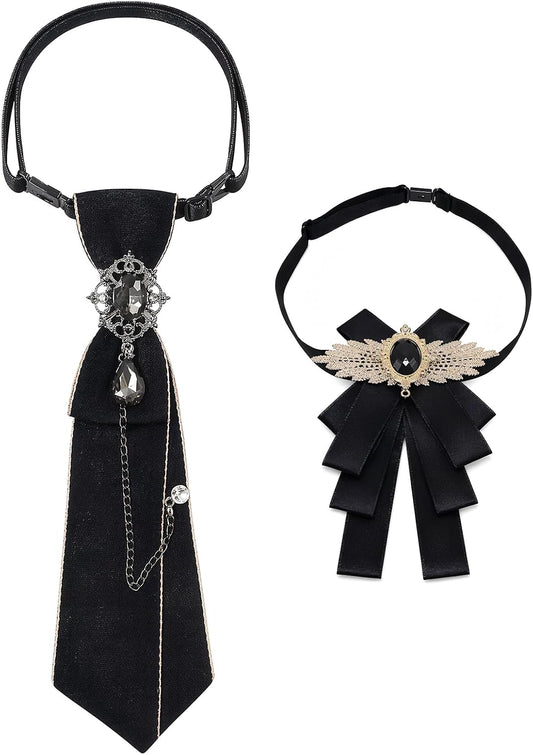 2-Piece Rhinestone Bow Tie & Necktie Set, Adjustable Pre-Tied Uniform Bowtie for Women & Men, Satin Ties for School Party Wedding