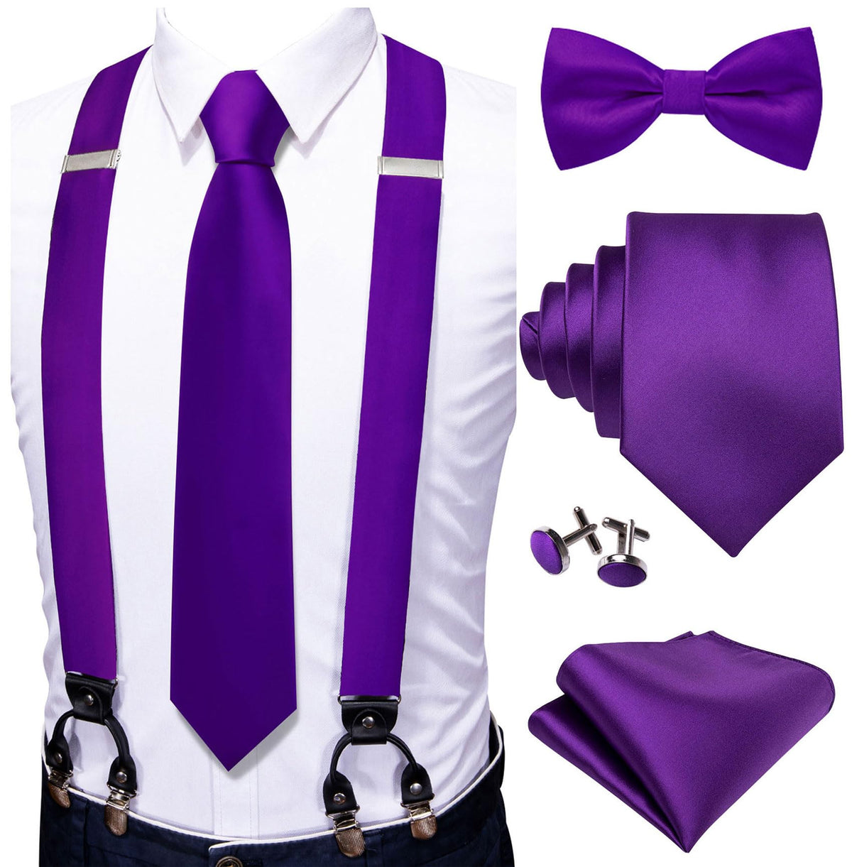 YOHOWA Suspenders for Men Tie Bowtie Set Adjustable Brace Handkerchief Cufflinks Strong Clip Elastic Band Wedding Party