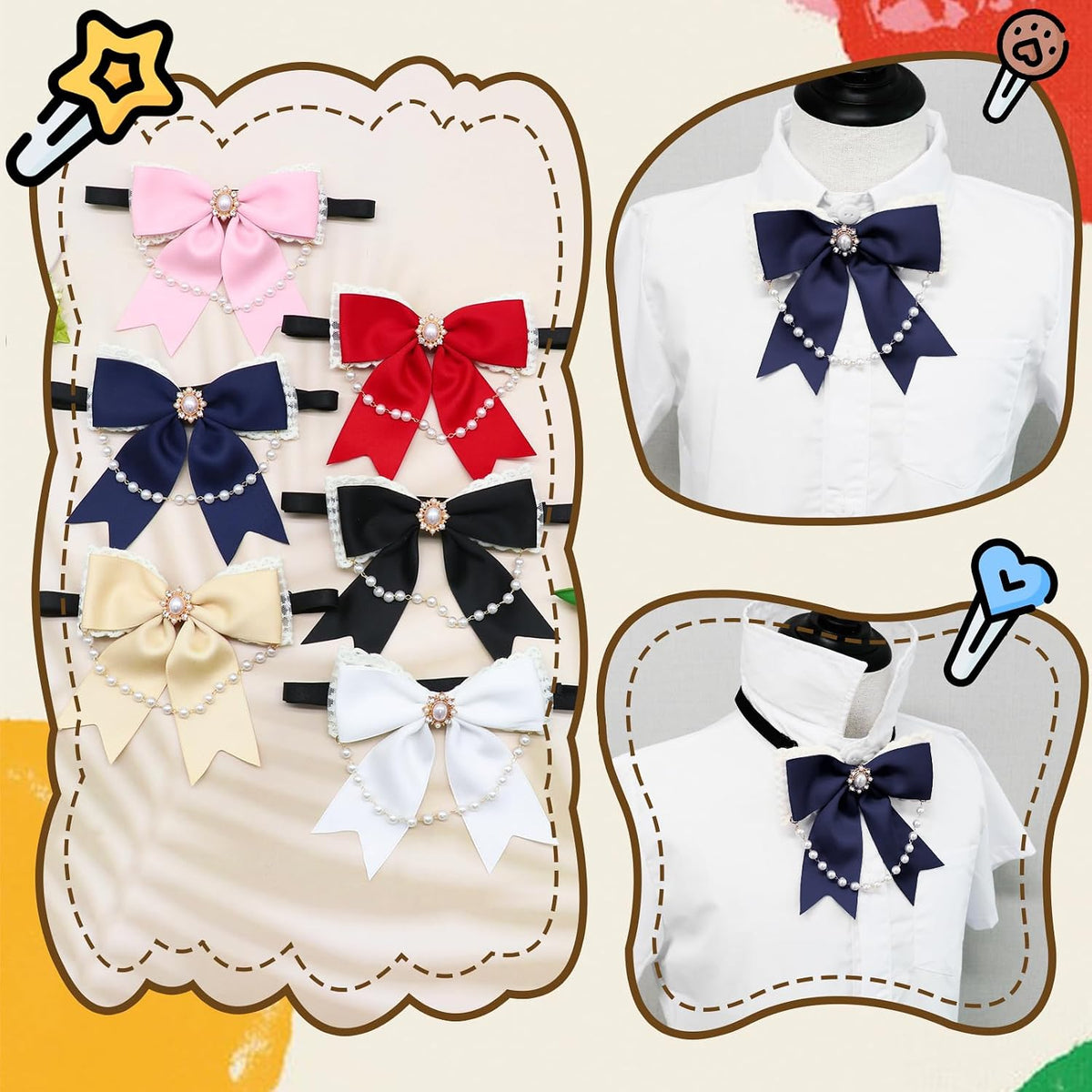 LJBFNN Black Bow Tie for Girls Women, School Girl Ties with Pearls Adjustable Pre-tied Kids Bowtie for Uniform Blouse Costume