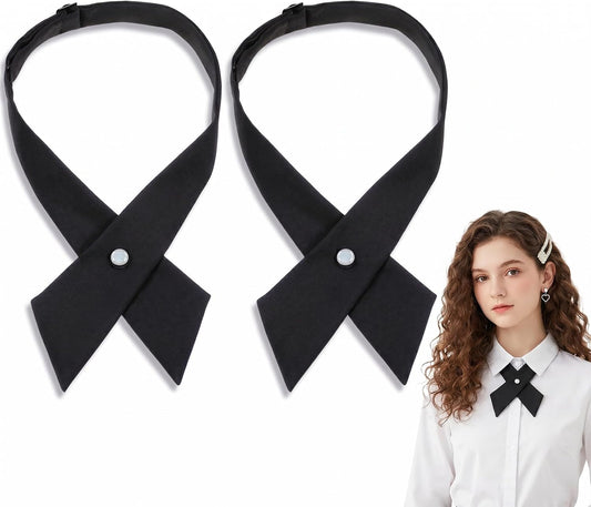 2Pcs Adjustable French Uniform Ties for Girls, Navy Blue Cross Women Bow Tie, Pre-tied School Uniform Ties