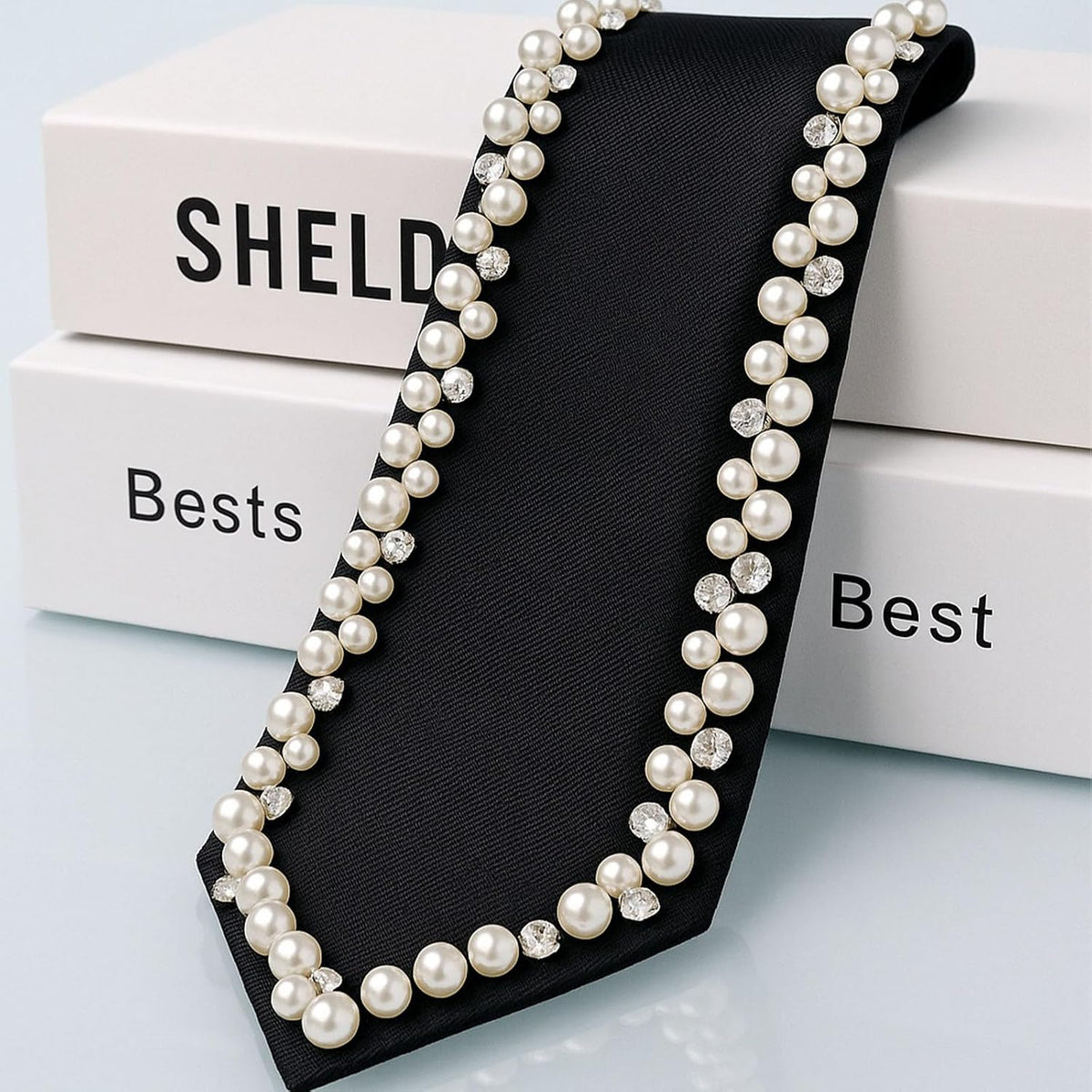 Women Faux Pearl Bow Tie, Black Silk Necktie, Adjustable Pre-tied Neck Tie with Rhinestones, Formal Wear for Women