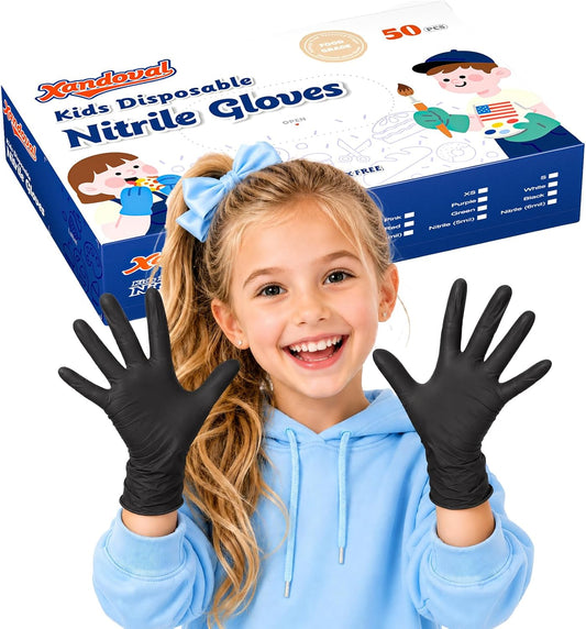 Kids Disposable Gloves, 5-Mil Safe Black Nitrile, Small, 50Ct