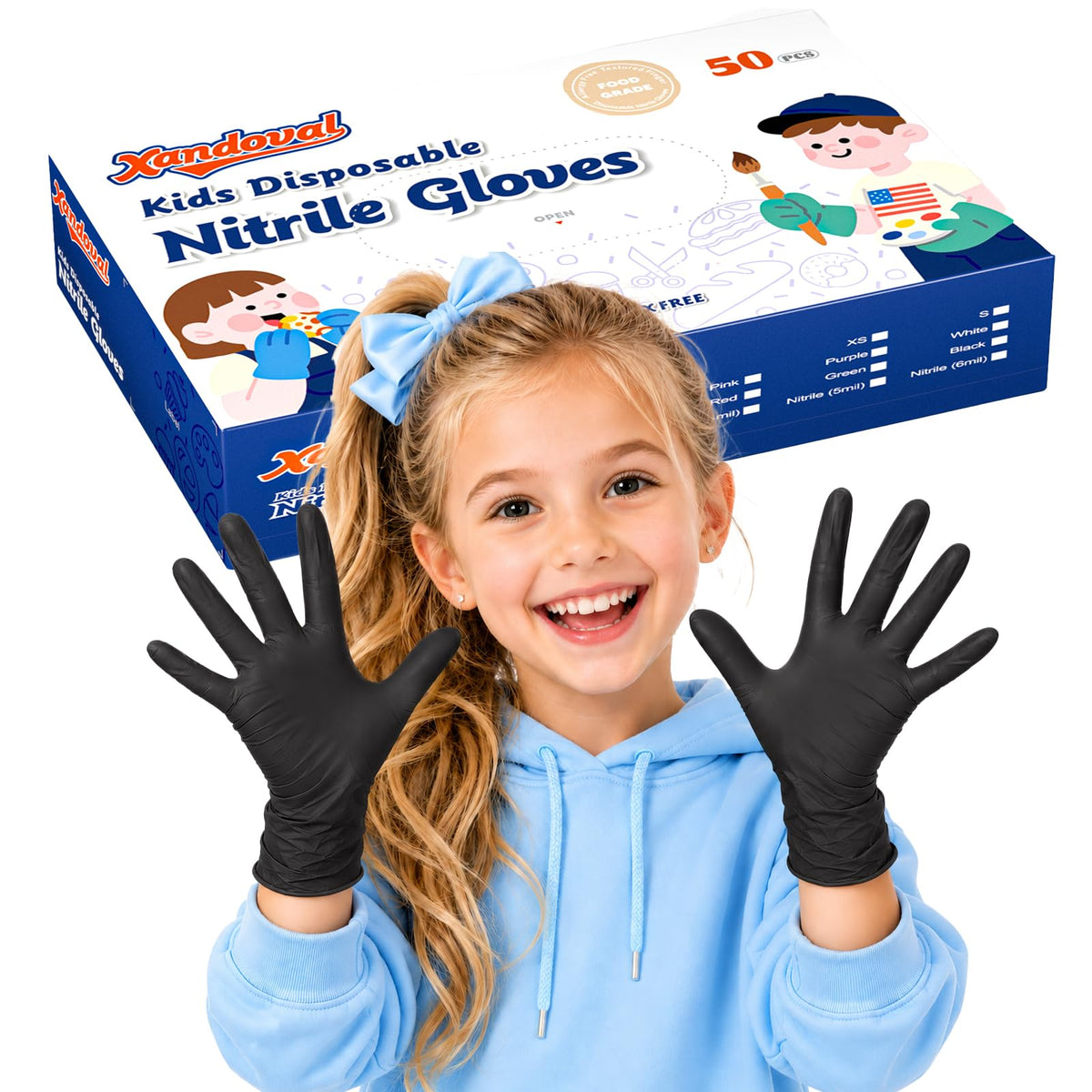 Kids Disposable Gloves, 5-Mil Safe Black Nitrile, XS, 50Ct