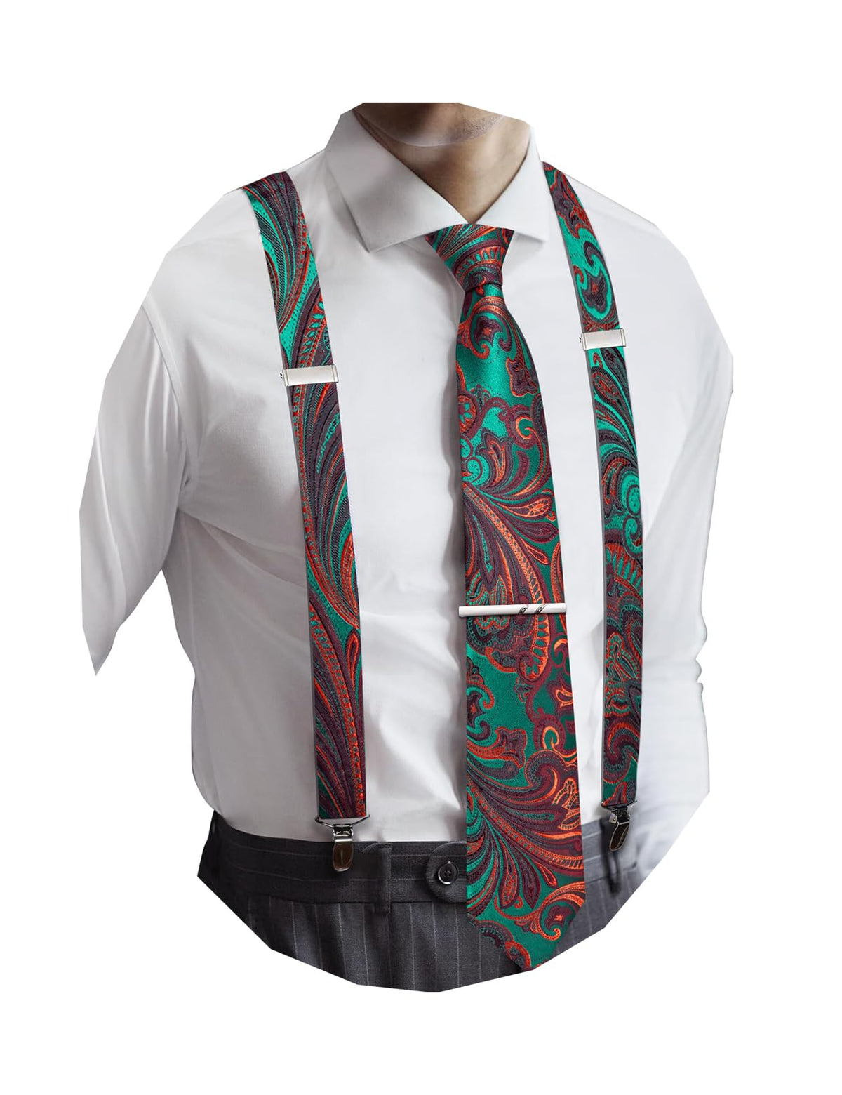 Barry.Wang Men Suspender Tie Sets Elastic Heavy 6 Clips Hanky Cufflink 5PCS