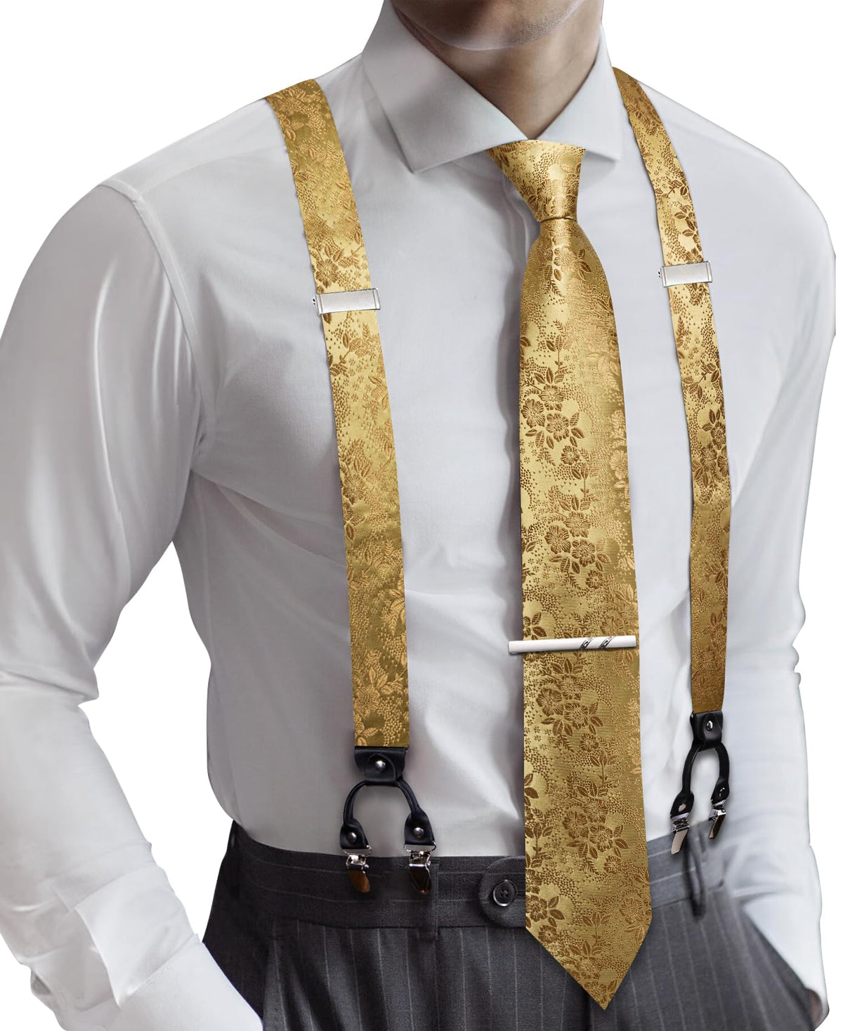 Barry.Wang Men Suspender Tie Sets Elastic Heavy 6 Clips Hanky Cufflink 5PCS
