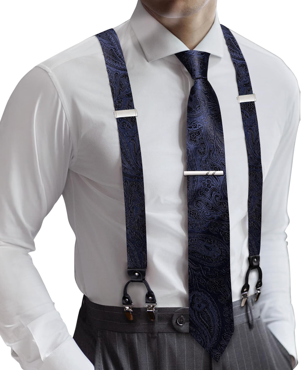 Barry.Wang Men Suspender Tie Sets Elastic Heavy 6 Clips Hanky Cufflink 5PCS