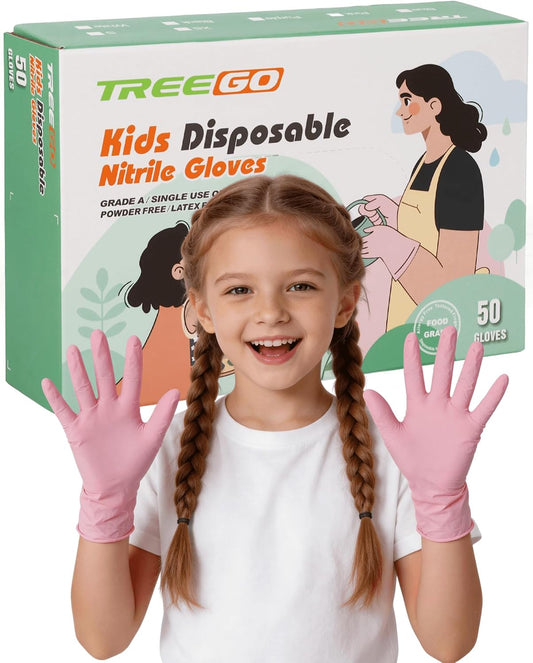 TREEGO Pink Kids Nitrile Gloves, 5 Mil, Latex Free, XS, 50 Count