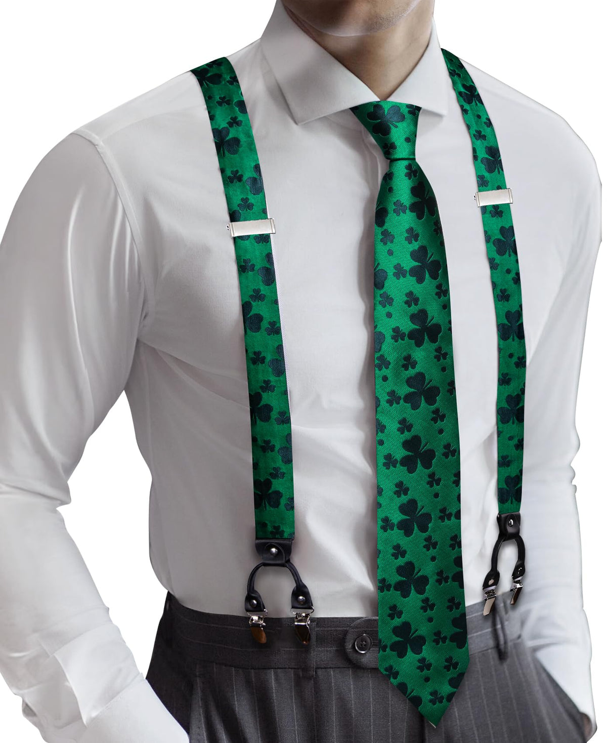 Barry.Wang Men Suspender Tie Sets Elastic Heavy 6 Clips Hanky Cufflink 5PCS