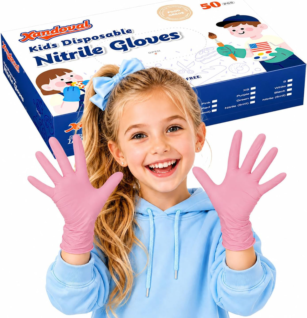 Kids Disposable Gloves, 5-Mil Safe Pink Nitrile, XS, 50Ct