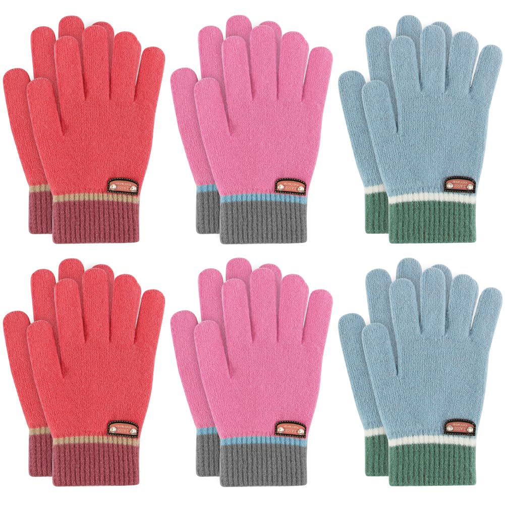 6 Pairs of Kids Gloves Boys Winter Gloves Stretchy Full Fingers Knitted Gloves Wool Fleece Lined Mittens