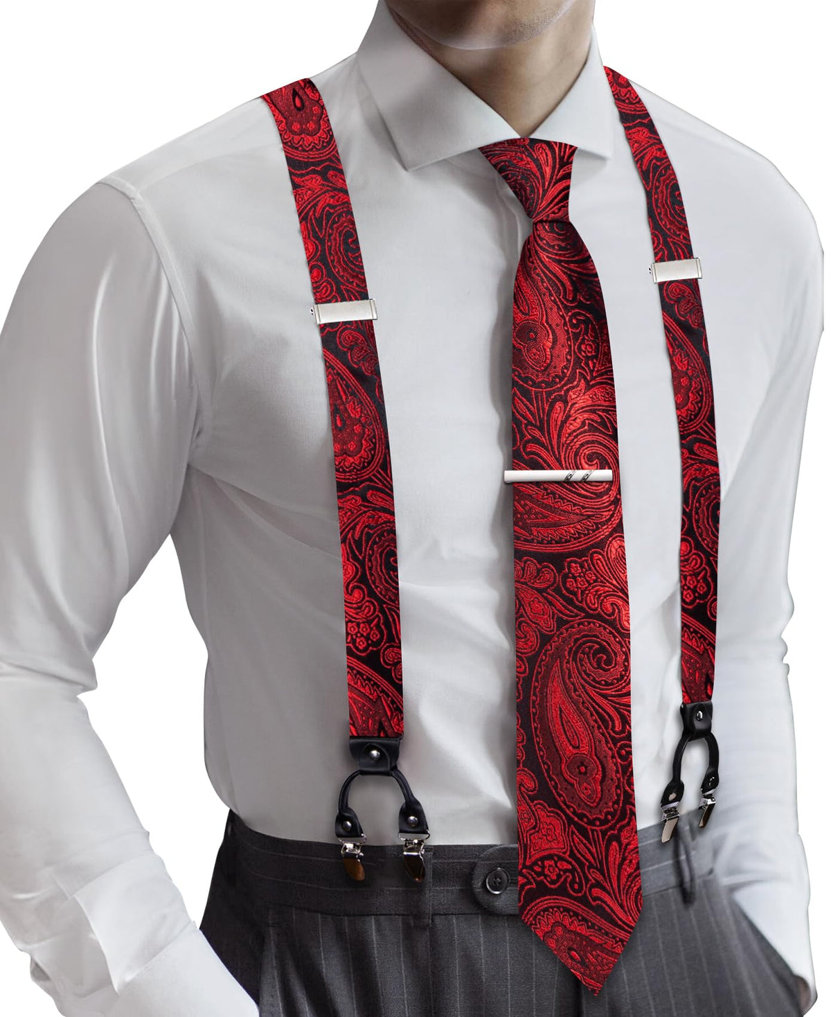 Barry.Wang Men Suspender Tie Sets Elastic Heavy 6 Clips Hanky Cufflink 5PCS