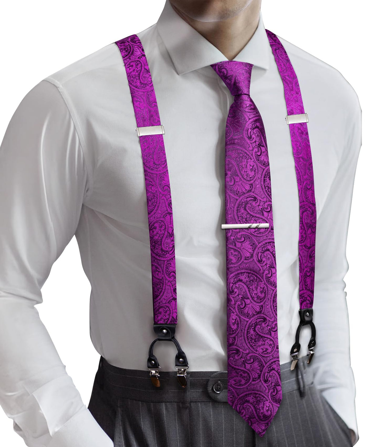 Barry.Wang Men Suspender Tie Sets Elastic Heavy 6 Clips Hanky Cufflink 5PCS