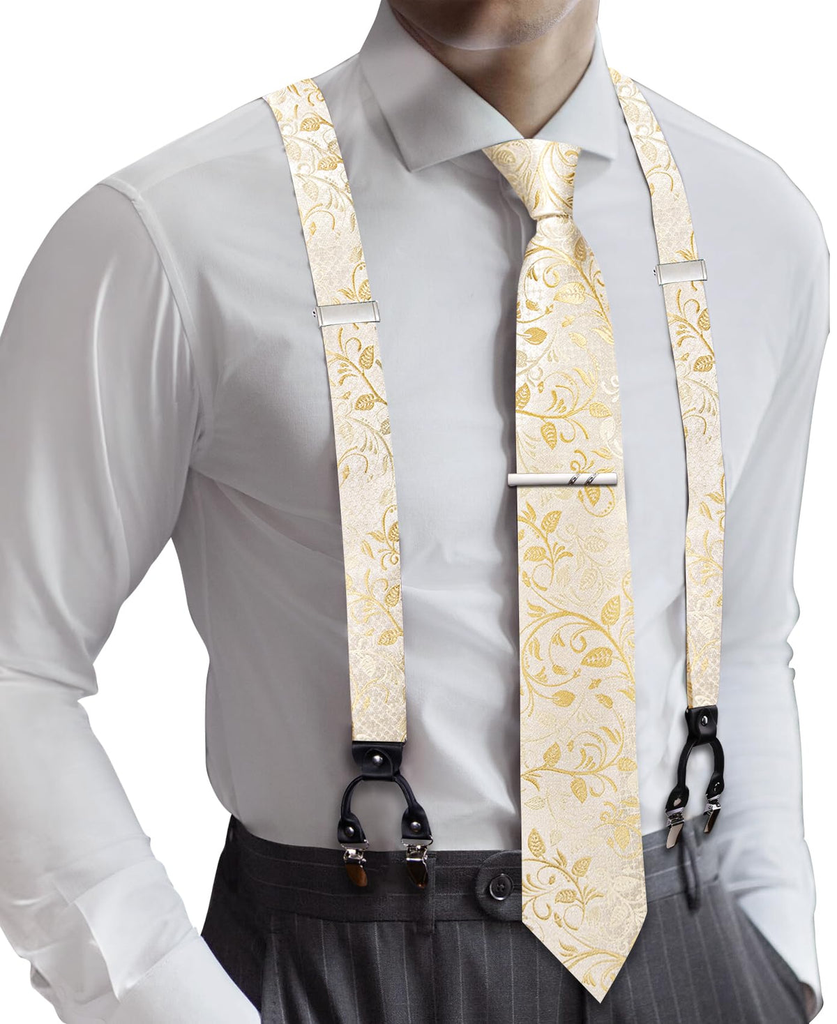 Barry.Wang Men Suspender Tie Sets Elastic Heavy 6 Clips Hanky Cufflink 5PCS