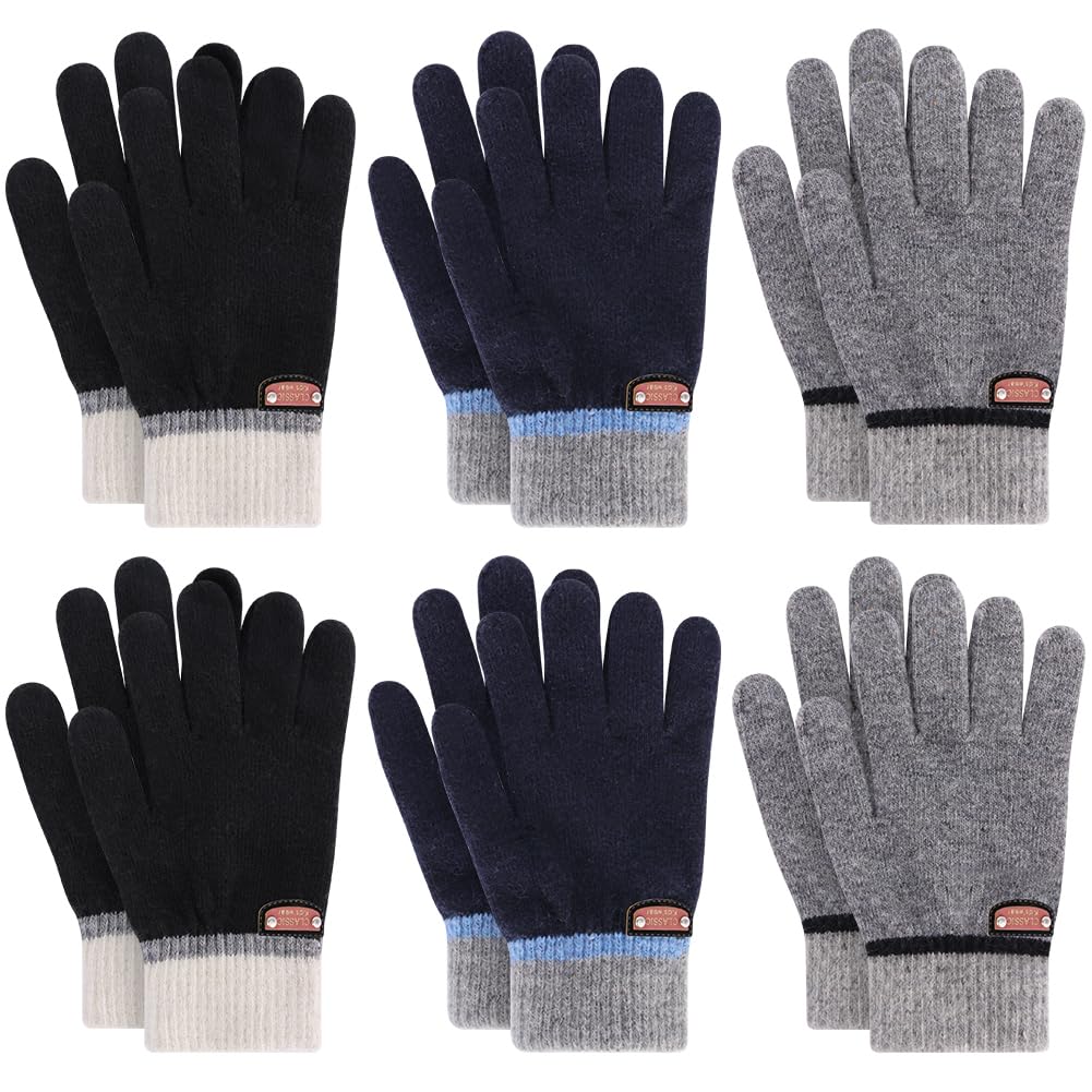 6 Pairs of Kids Gloves Boys Winter Gloves Stretchy Full Fingers Knitted Gloves Wool Fleece Lined Mittens