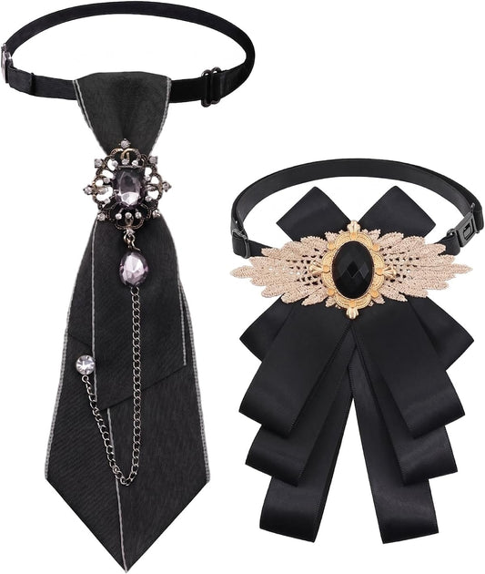 2 Pcs Rhinestone Bow Tie And Necktie Set, Adjustable Pre-Tied Uniform Bowtie For Women Men School Party Wedding