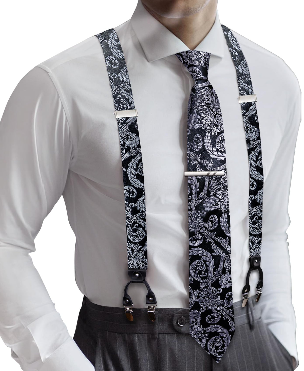 Barry.Wang Men Suspender Tie Sets Elastic Heavy 6 Clips Hanky Cufflink 5PCS