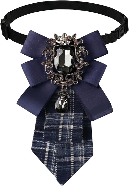 Bow Ties for Women Vintage, Adjustable Rhinestone Neck Tie with Big Crystal, Striped Pre-Tied Necktie for School